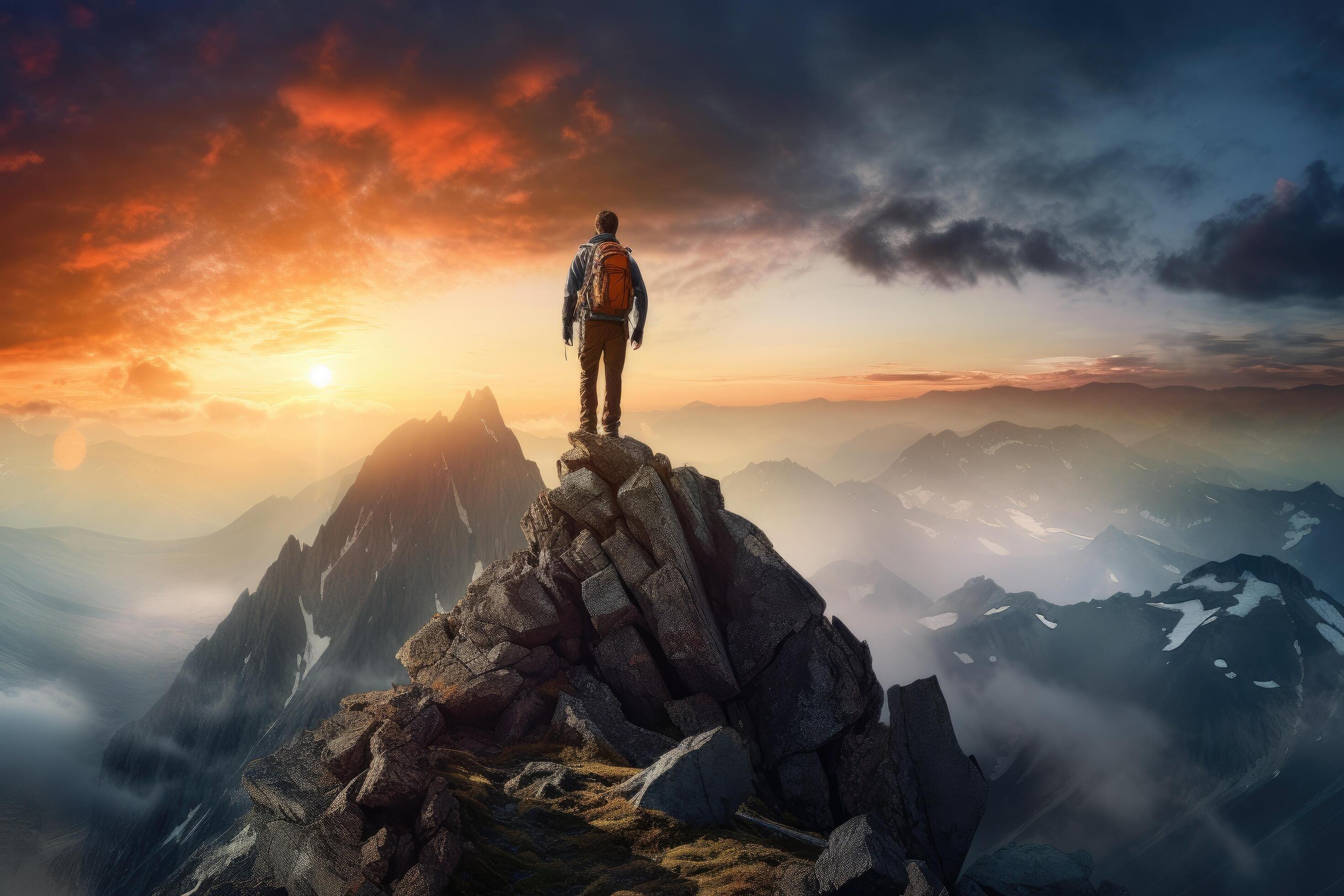 A hiker standing at the peak of a mountain under starry sky looking into adventure